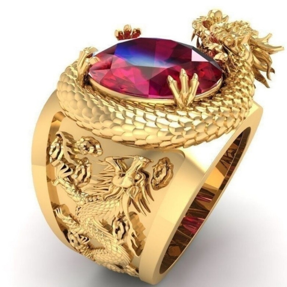 Men's Gold Dragon Ruby Garnet Ring